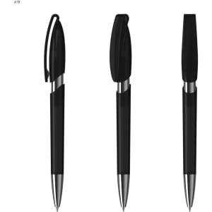 Three black plastic pens with silver accents and retractable mechanisms, featuring a logo on each.