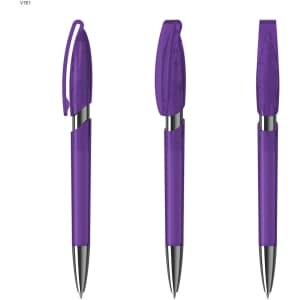 A purple plastic pen with a transparent barrel and a silver accent on the tip. The pen has a cap.
