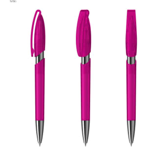 A set of three magenta plastic pens with silver accents and transparent barrels, featuring a logo on one side.