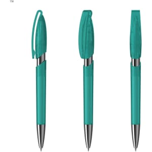 A set of transparent teal plastic pens with silver detailing and signature branding.
