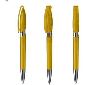 Translucent yellow plastic pens with silver-toned accents, featuring a clip and a click-top mechanism.
