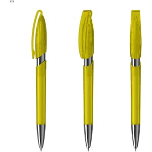Three plastic pens in a vibrant yellow colour, featuring a transparent design and silver accents. Each pen has a cap.