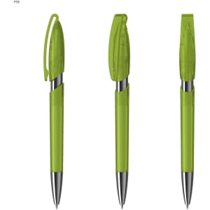 A green transparent plastic pen with a silver clip and tip, displayed in three positions.