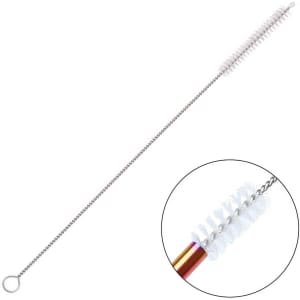 A stainless steel straw with a 6mm diameter and 215mm length, accompanied by a cleaning brush.