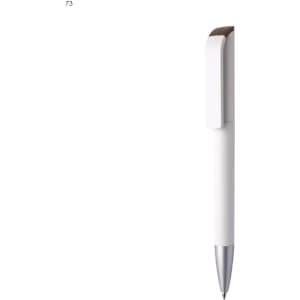 A white plastic pen with a silver tip and a clip, featuring a simple design and a branding logo.