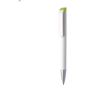 A plastic pen in white with a green clip and a silver tip, featuring a logo.