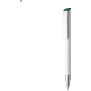A white plastic pen with a green clip and a silver tip, featuring a branding logo.
