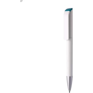 A white plastic pen with a teal accent and a silver tip, featuring a logo on its body.