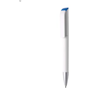 A plastic pen in white with a blue cap and a silver tip, featuring a logo on its body.