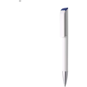 A white plastic pen with a blue clip and a silver tip, featuring a logo on its body.