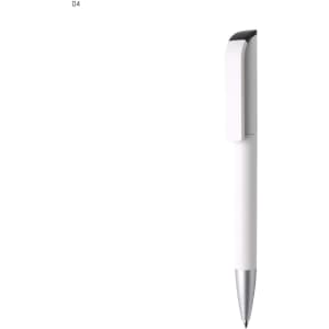 A white plastic pen with a silver tip and clip, featuring a logo on its body.