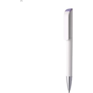 A white plastic pen with a silver tip and a purple cap, featuring a logo on the side.