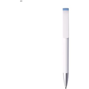 A plastic pen with a white body and a light blue top, featuring a silver tip. It has a logo on it.