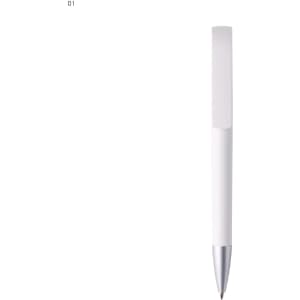A white plastic pen with a silver tip and a simple design. The pen features a branding logo.