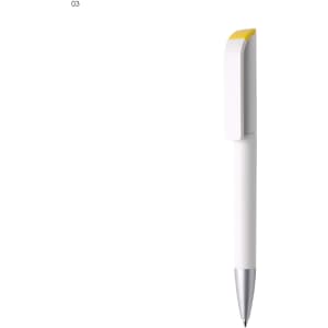A white pen with a yellow cap and silver tip. The pen has a sleek design and features a branding logo.