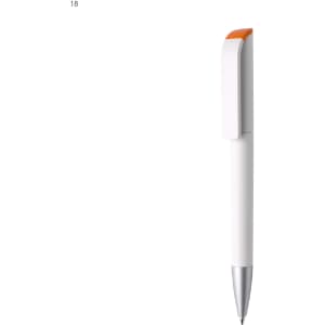 A plastic pen in white with an orange clip and a silver tip, featuring a logo on the body.