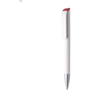A plastic pen in white with a red clip and silver tip, featuring a logo on the body.