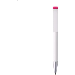 A plastic pen with a white body and a pink top, featuring a silver clip and tip, and a branding logo.