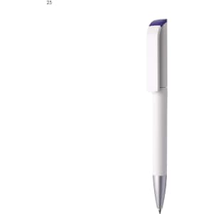 A white plastic pen with a purple accent and silver tip, featuring a clip and a simple design.