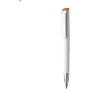 A white plastic pen with a silver tip and a gold accent on the clip. The pen has a logo.