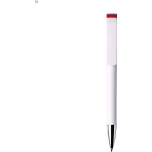 A plastic pen in white with a red top and a shiny silver tip, featuring a branding logo.