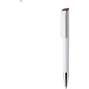 A plastic pen in white with a burgundy top and a silver clip. The pen has a sleek, streamlined design.