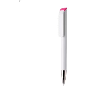 A white plastic pen with a pink clip and chrome accents, featuring a logo.