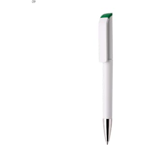 A white pen with a green top and a silver tip, featuring a logo on its body.