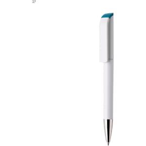 A white plastic pen with a teal accent and a silver tip, featuring a branded logo.