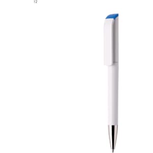 A white plastic pen with a blue clip and silver tip, featuring a logo on the barrel.