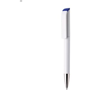 A plastic pen in white with a blue clip and a silver tip. It features a logo on the barrel.