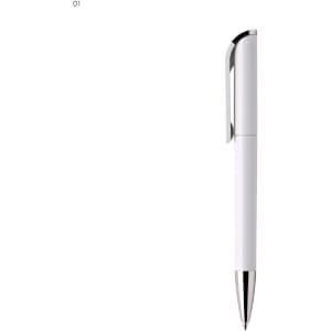A white plastic pen with a silver clip and tip, featuring a logo on its side.