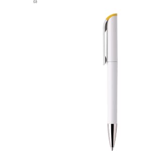 A white plastic pen with a yellow accent and a silver clip. Features a branding logo.