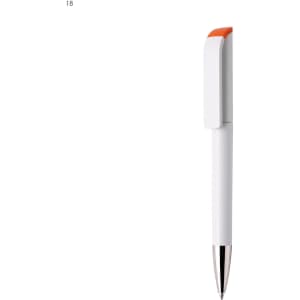 A white plastic pen with an orange accent and a silver clip. The pen features a logo on its body.