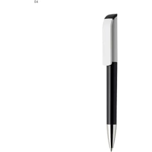 A sleek black and white plastic pen with a silver tip and a logo on its side.