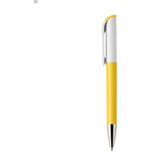 A yellow plastic pen with a silver clip and a white top, featuring a sleek design.