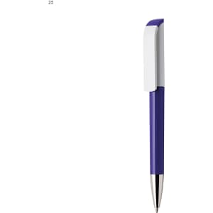 A plastic pen in purple with a white clip and silver tip, featuring a brand logo.