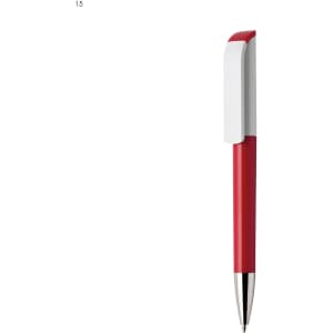 A red plastic pen with a white clip and a silver nib, featuring a logo.