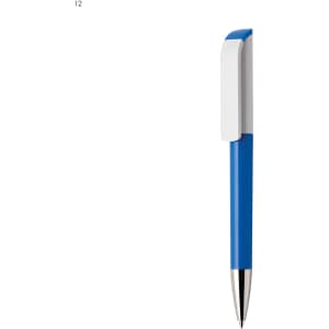 A blue plastic pen with a white clip and silver tip. The pen has a sleek design and includes a logo.