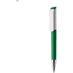 A green plastic pen with a white clip and a silver tip, featuring a logo on its side.