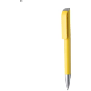 A yellow plastic pen with a silver tip, featuring a clip and a branded logo.