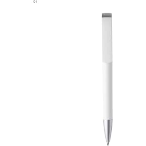 A white plastic pen with a silver tip and clip, featuring a logo on the side.
