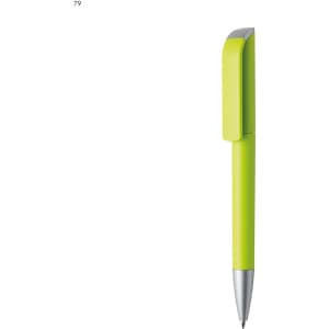 A plastic pen in bright lime green with a silver clip and tip. It features a logo on the body.