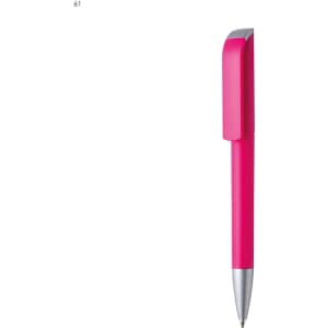 A pink plastic pen with a silver tip and a clip, featuring a branding logo.