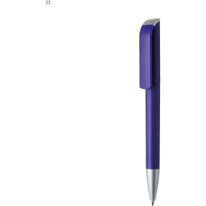 A purple plastic pen with a silver tip and a clip. The pen features branding on its body.