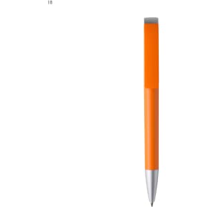 An orange plastic pen with a silver clip and tip, featuring branding on its surface.