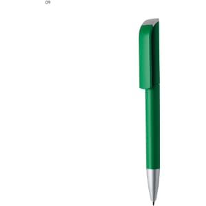 A green plastic pen with a silver tip, featuring a sleek design and a logo on the casing.