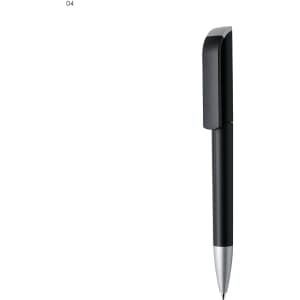 A black plastic pen with a sleek design and a silver tip. It features a logo on the barrel.