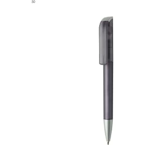 A plastic pen with a grey barrel and a translucent grey cap, featuring a silver clip and nib.