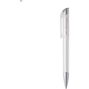 A transparent plastic pen with a silver clip and tip. It has a sleek, minimalist design and features branding.